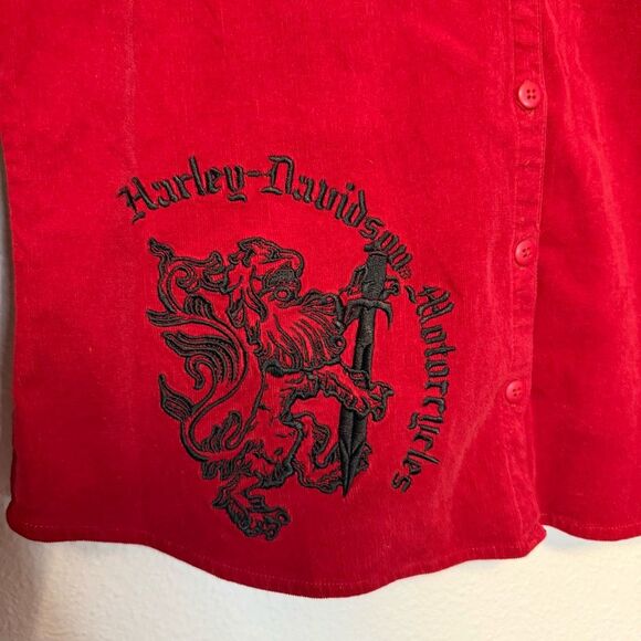 Vintage Harley-Davidson Embroidered Corduroy Red Long Sleeve Button-Down Top Siz - Picture 2 of 8